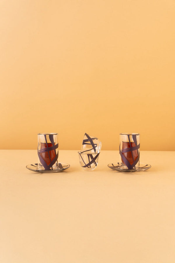 GC1 Double Wall Arabic Tea Coffee Set 18 Pcs Honey 6 Tea Cups 6 Saucers 6 Cawa Cups REEMA Art