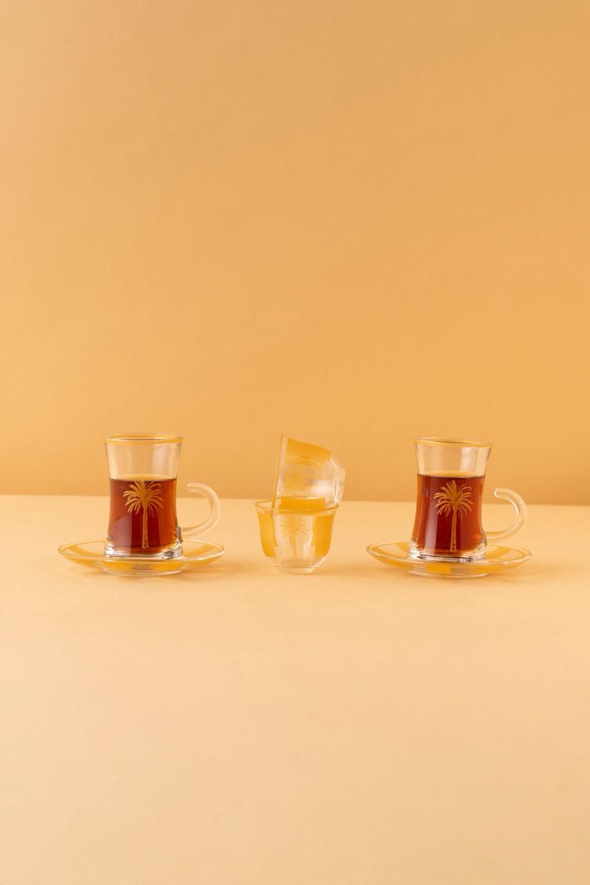 KL83 Arabic Tea Coffee Set 18 Pcs Matt Gold 6 Tea Glasses 6 Saucers 6 Cawa Cups REEMA Art
