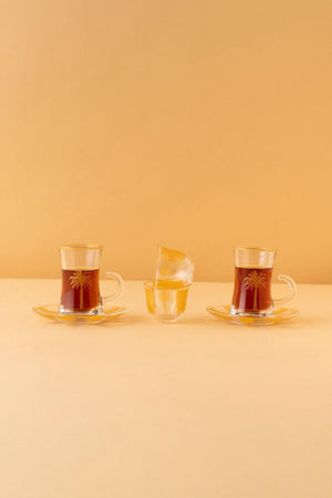 KL83 Arabic Tea Coffee Set 18 Pcs Matt Gold 6 Tea Glasses 6 Saucers 6 Cawa Cups REEMA Art
