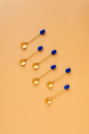 TS1 Stainless Steel Teaspoon Set 6 Pcs Matt Gold Blue Detail View REEMA Art
