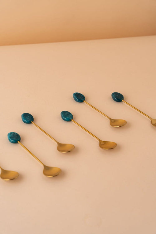 TS1 Stainless Steel Teaspoon Set 6 Pcs Matt Gold Green Arabic Tea Spoons REEMA Art
