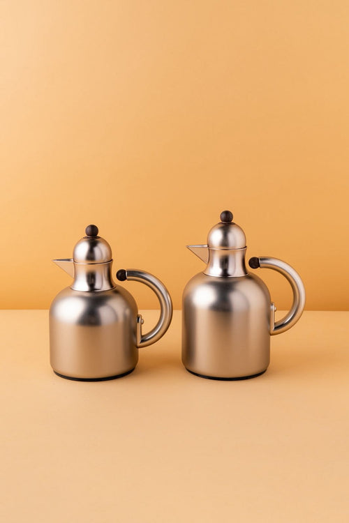 Azoob Flask Set 2 Pcs Matt Silver Wooden Handle 0.95L 0.6L Steel Insulated Arabic Flask REEMA Art
