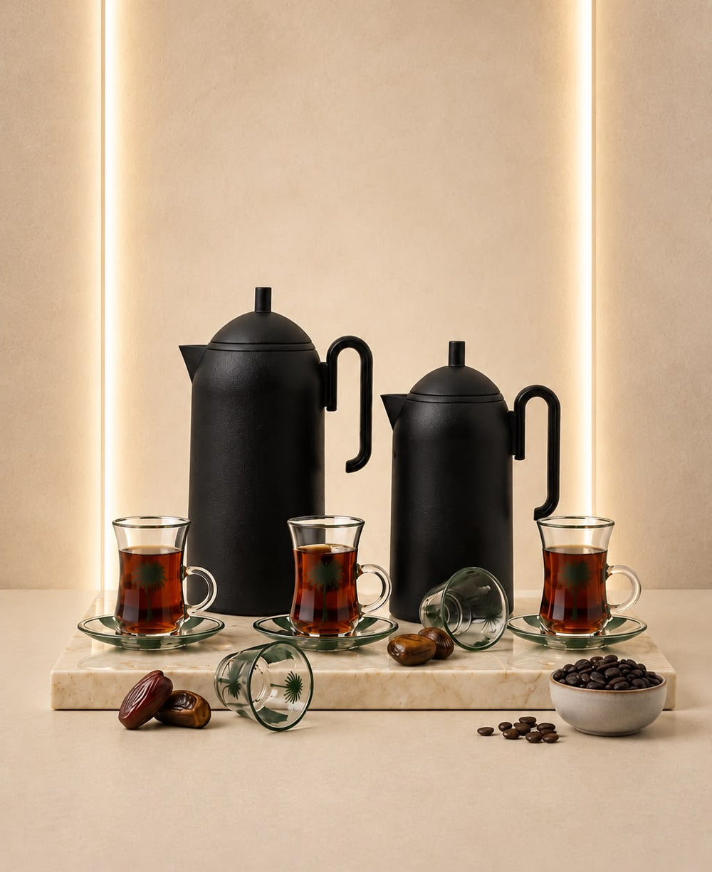 Al Majles Flask Set 2 Pcs Full Matt Black KL83 Tea Coffee Set 18 Pcs Green Bundle REEMA Art
