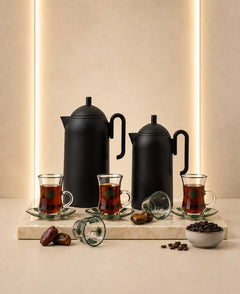 Al Majles Flask Set 2 Pcs Full Matt Black KL83 Tea Coffee Set 18 Pcs Green Bundle REEMA Art
