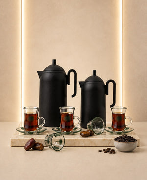 Al Majles Flask Set 2 Pcs Full Matt Black KL83 Tea Coffee Set 18 Pcs Green Bundle REEMA Art
