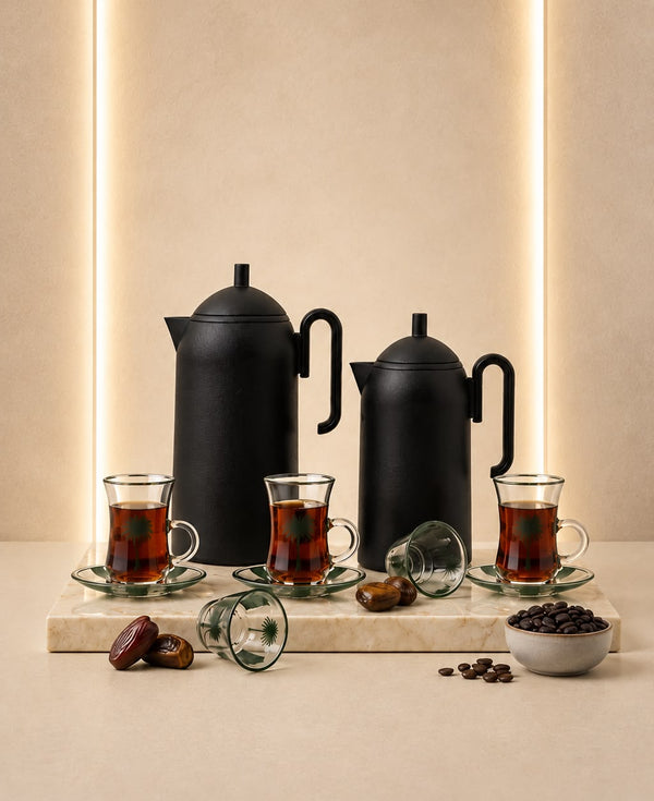 Al Majles Flask Set 2 Pcs Full Matt Black KL83 Tea Coffee Set 18 Pcs Green Bundle REEMA Art

