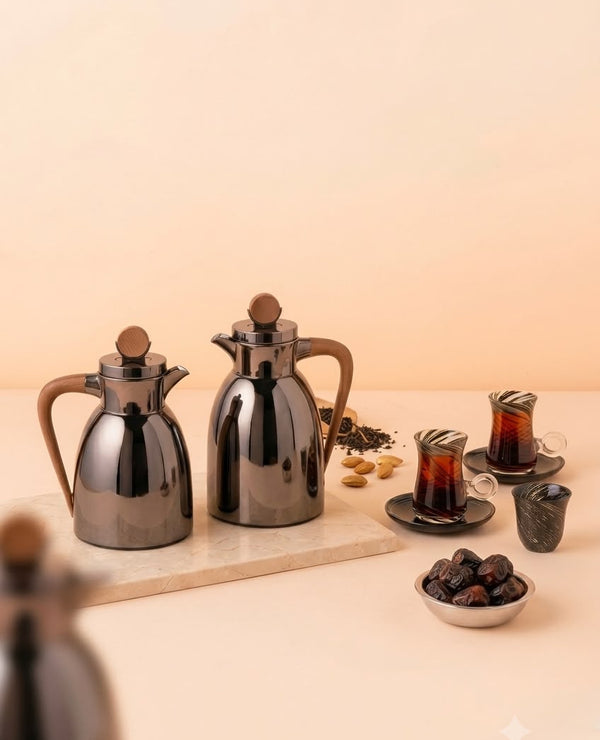 Safaa Flask Set 2 Pcs Black Nickel Wooden Handle HL6 Tea Coffee Set 18 Pcs Bundle REEMA Art
