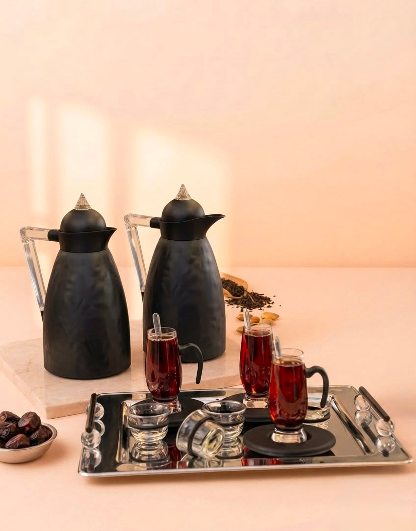 Aliaa Flask Set 2 Pcs Black Matt Acrylic Handle CG4 Tea Coffee Set 18 Pcs Black Bundle REEMA Art
